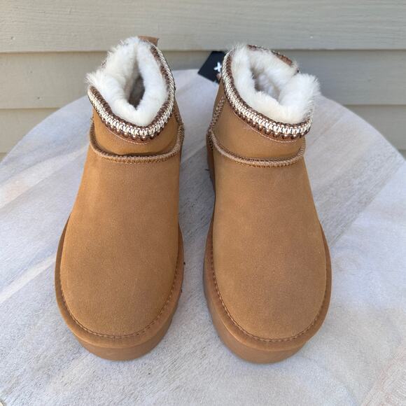 Mexx Womens Size 7.5 US Suede Shearling Boot Chestnut Fur Lined Ankle Platform - Picture 8 of 10